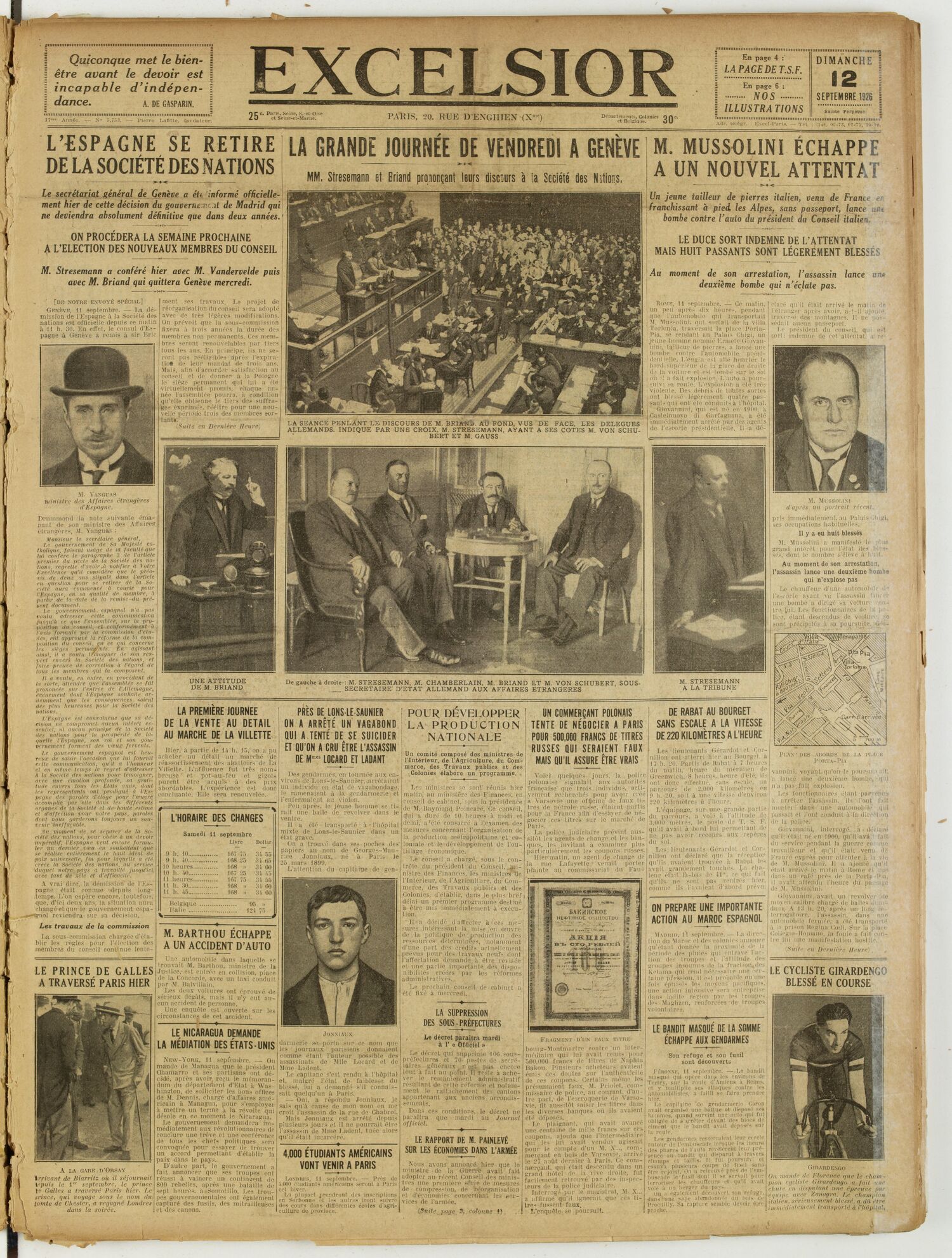 Une du journal Excelsior du 12 septembre 1926 : La grande journée de vendredi a genève