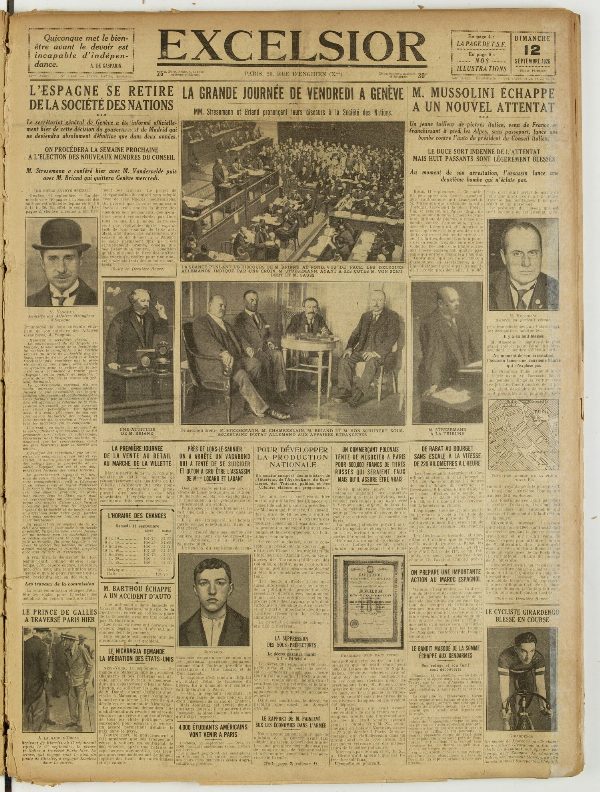 Une du journal Excelsior du 12 septembre 1926 : La grande journée de vendredi a genève