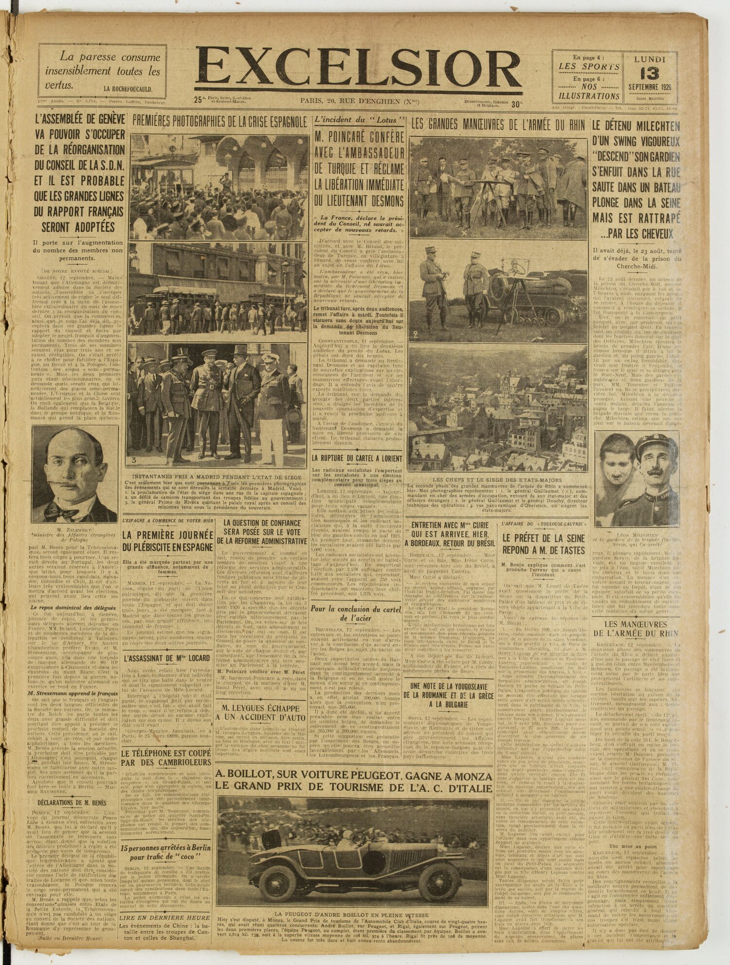 Une du journal Excelsior du 13 septembre 1926 : Premières photographies de la crise espagnole