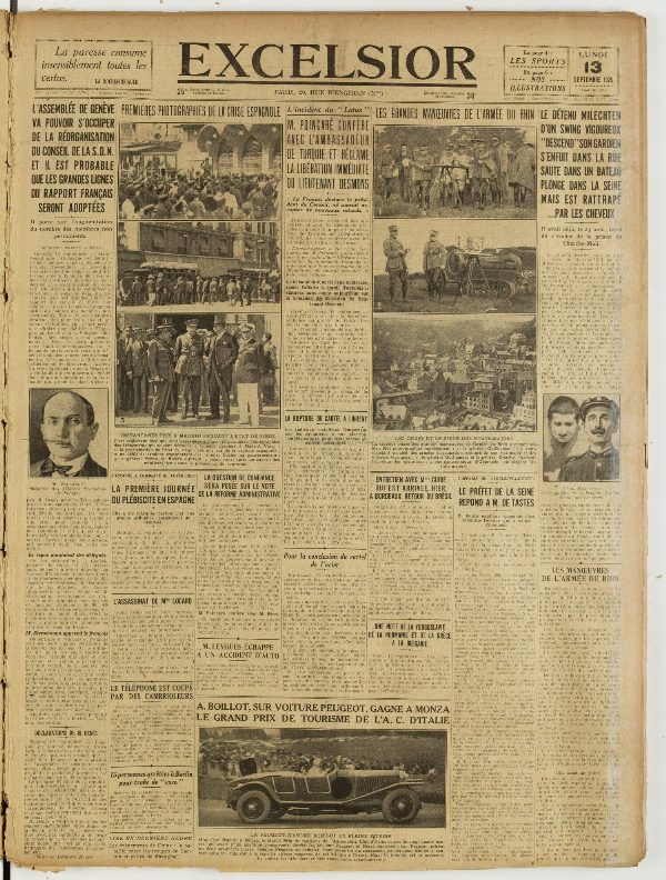 Une du journal Excelsior du 13 septembre 1926 : Premières photographies de la crise espagnole