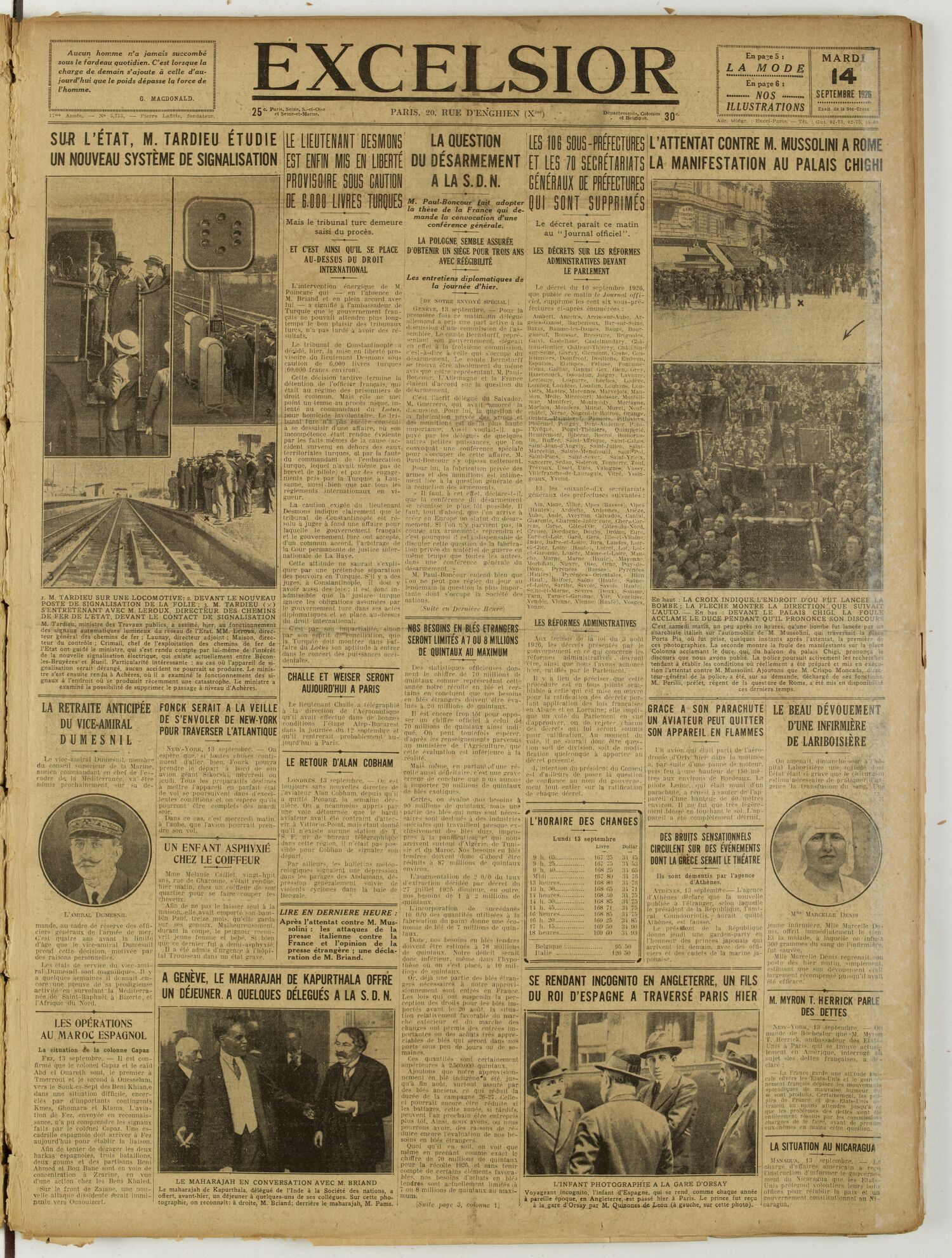 Une du journal Excelsior du 14 septembre 1926 : Le lieutenant desmons est enfin mis en liberté provisoire sous caution de 6.000 livres turques