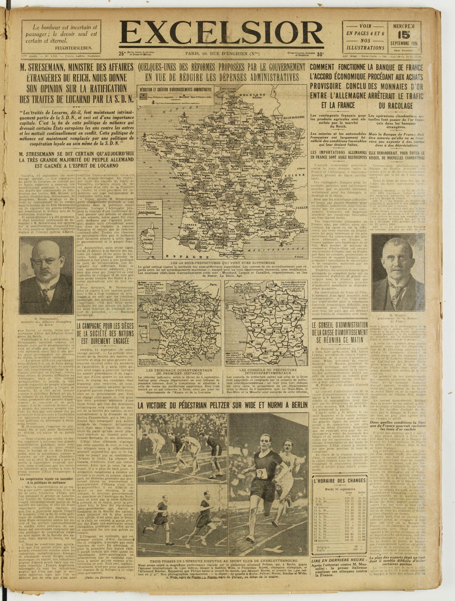 Une du journal Excelsior du 15 septembre 1926 : M. Stresemann, ministre des affaires etrangeres du reich, nous donne son opinion sur la ratification des traites de locarno par la S. D. N.