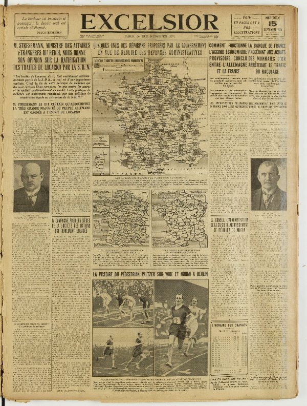 Une du journal Excelsior du 15 septembre 1926 : M. Stresemann, ministre des affaires etrangeres du reich, nous donne son opinion sur la ratification des traites de locarno par la S. D. N.