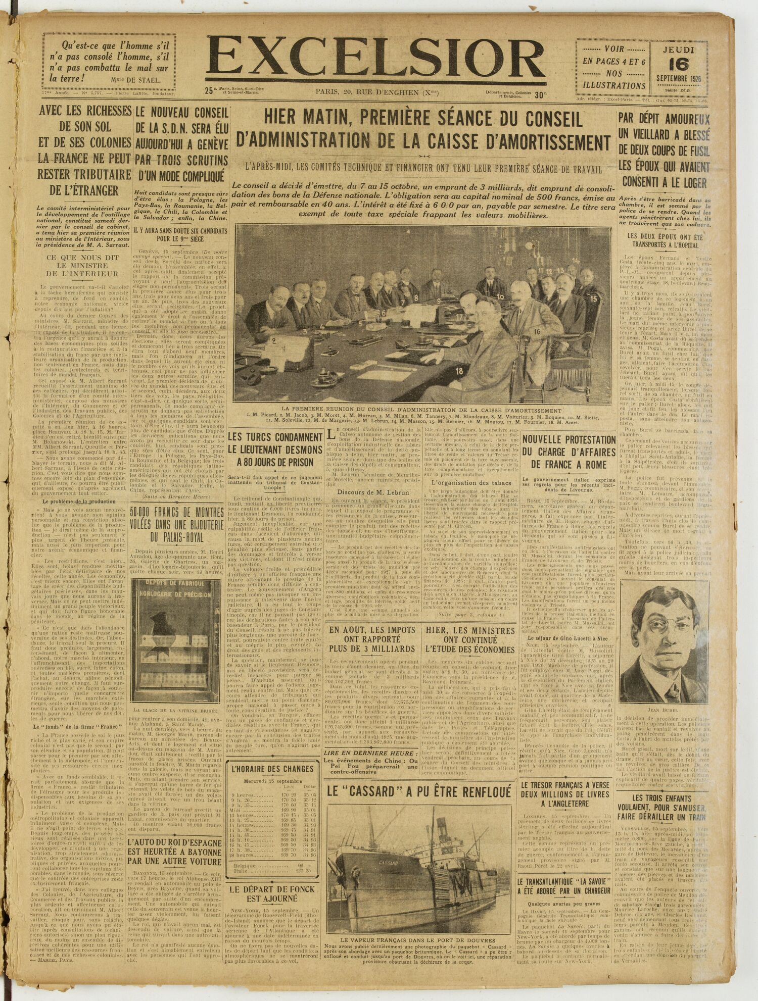 Une du journal Excelsior du 16 septembre 1926 : Hier matin, première séance du conseil d'administration de la caisse d'amortissement