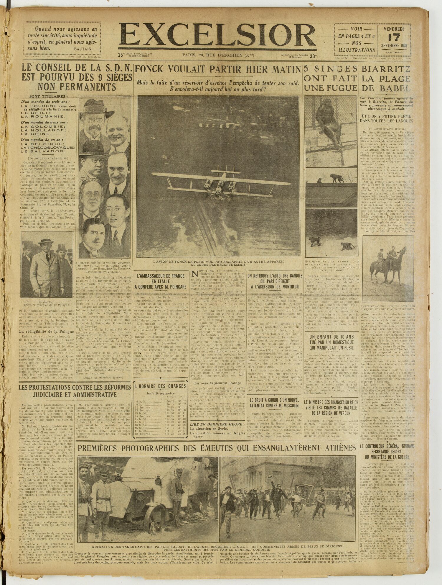 Une du journal Excelsior du 17 septembre 1926 : Le conseil de la S. D. N. est pourvu des 9 sièges non permanents