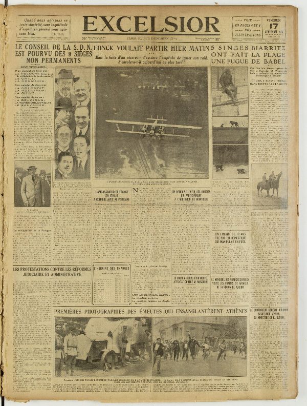 Une du journal Excelsior du 17 septembre 1926 : Le conseil de la S. D. N. est pourvu des 9 sièges non permanents