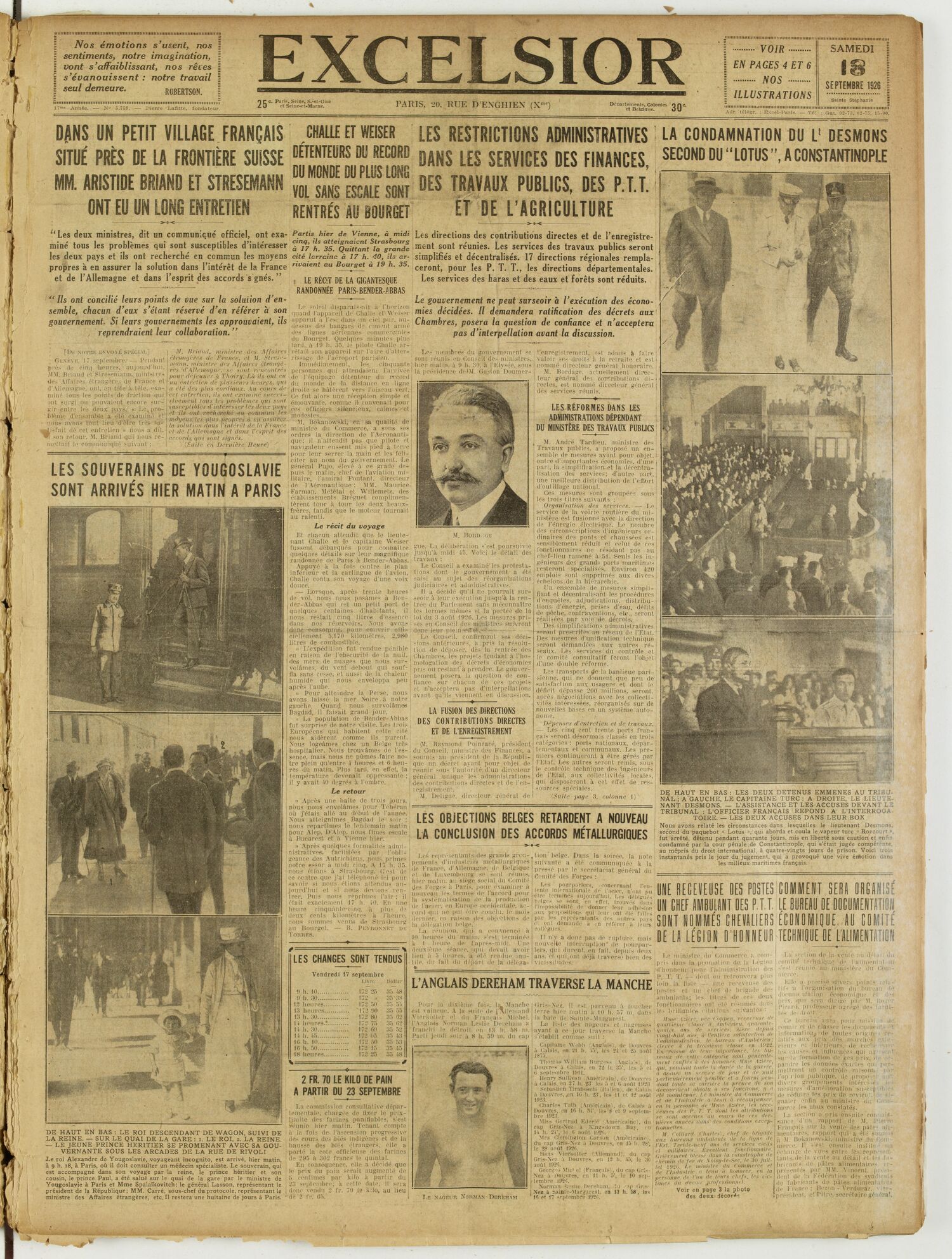 Une du journal Excelsior du 18 septembre 1926 : Dans un petit village français situé près de la frontière suisse MM. Aristide briand et stresemann ont eu un long entretien