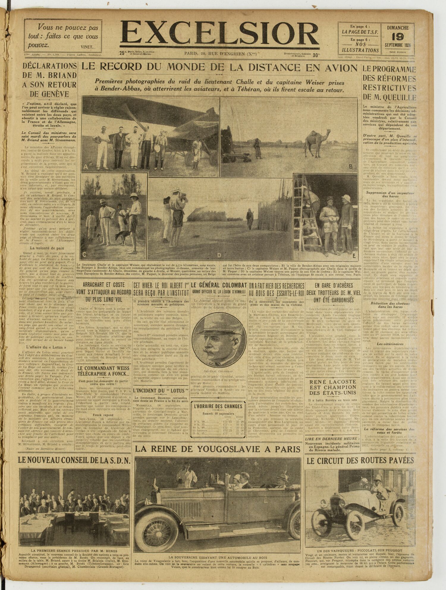 Une du journal Excelsior du 19 septembre 1926 : Le record du monde de la distance en avion