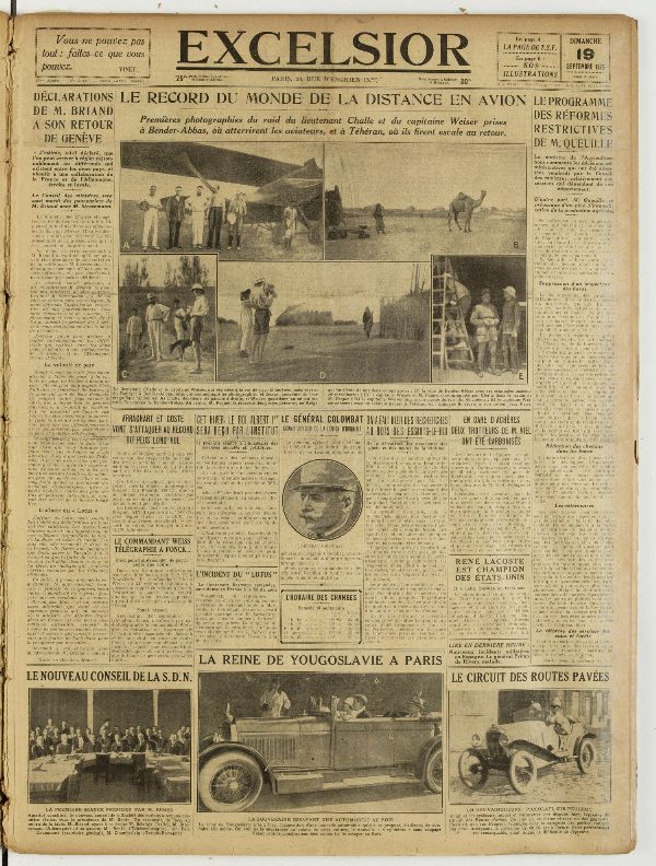 Une du journal Excelsior du 19 septembre 1926 : Le record du monde de la distance en avion