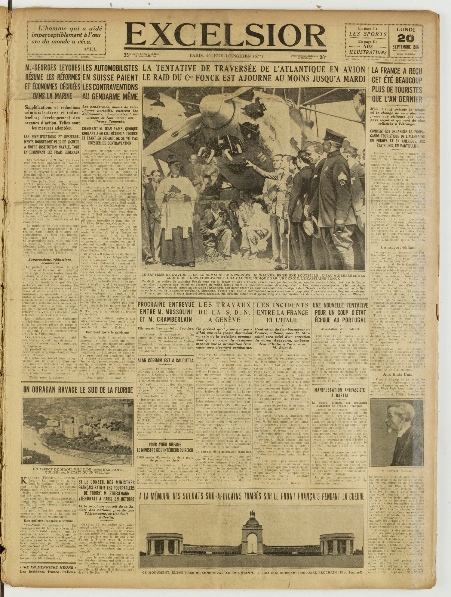 Une du journal Excelsior du 20 septembre 1926 : A la memoire des soldats sud-africains tombés sur le front français pendant la guerre