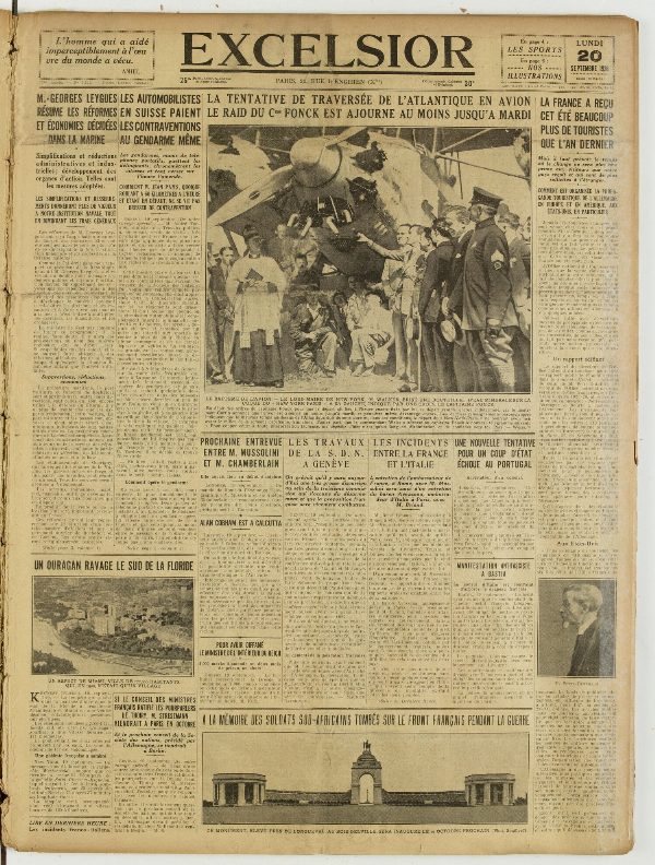 Une du journal Excelsior du 20 septembre 1926 : A la memoire des soldats sud-africains tombés sur le front français pendant la guerre