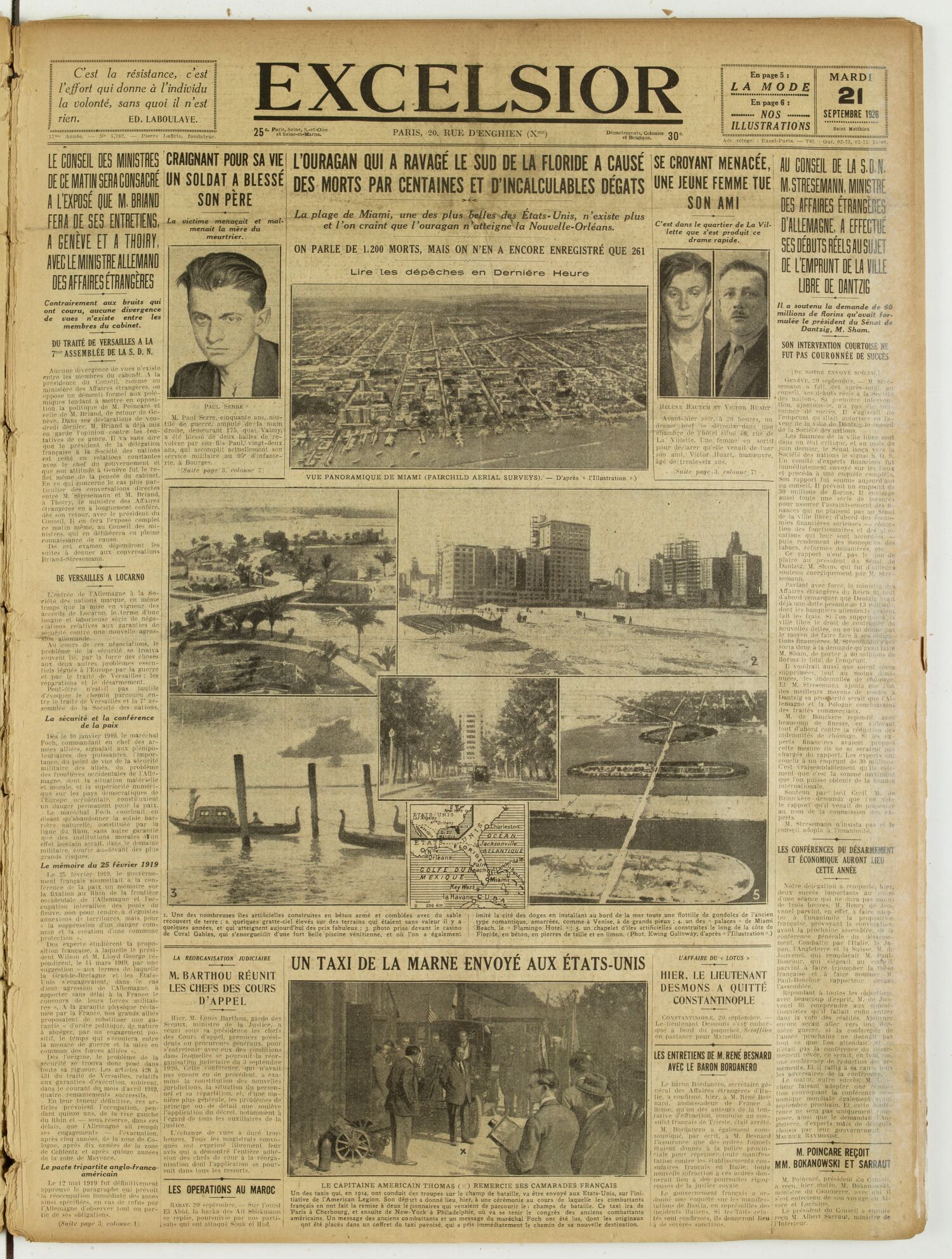 Une du journal Excelsior du 21 septembre 1926 : L'ouragan qui a ravagé le sud de la floride a causé des morts par centaines et d'incalculables dégats