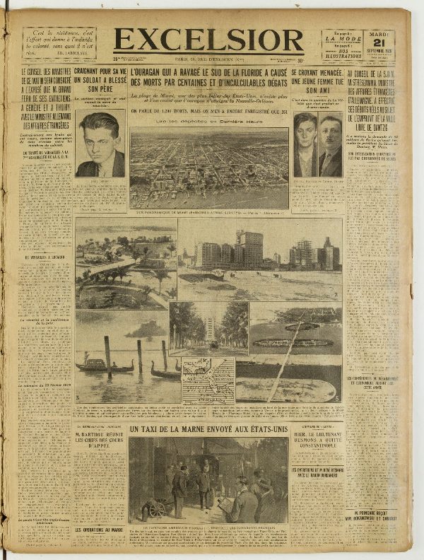 Une du journal Excelsior du 21 septembre 1926 : L'ouragan qui a ravagé le sud de la floride a causé des morts par centaines et d'incalculables dégats