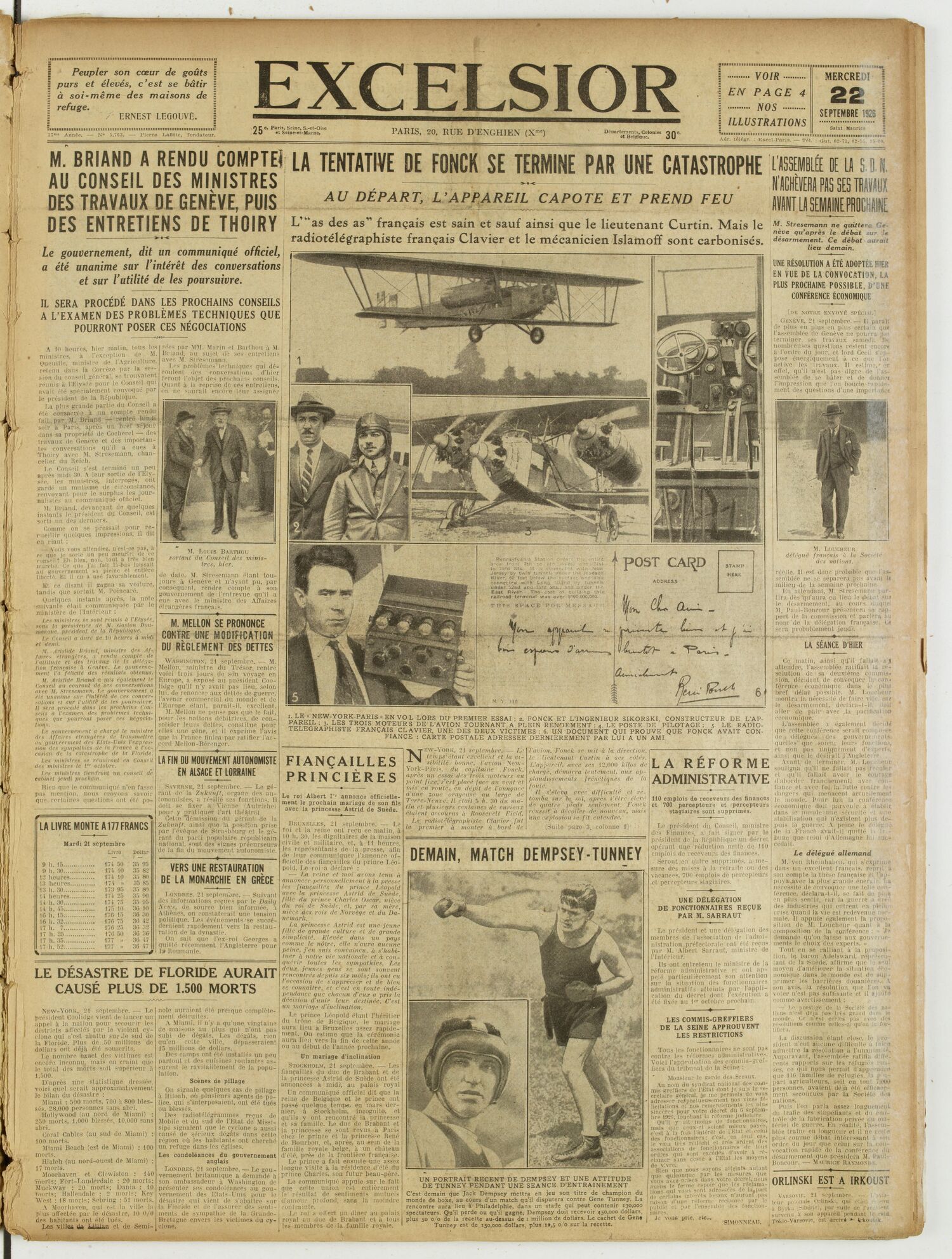 Une du journal Excelsior du 22 septembre 1926 : La tentative de fonck se termine par une catastrophe