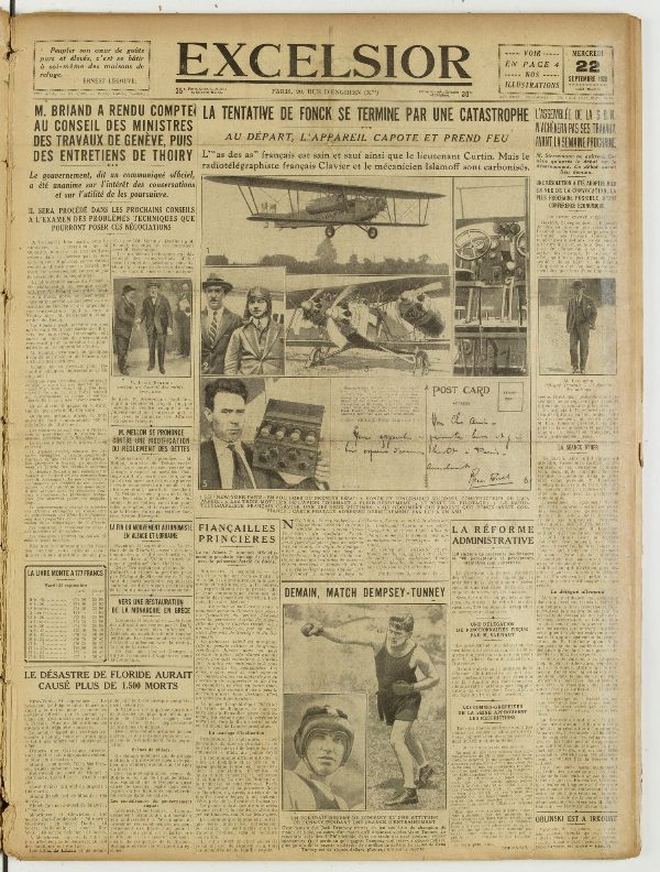 Une du journal Excelsior du 22 septembre 1926 : La tentative de fonck se termine par une catastrophe