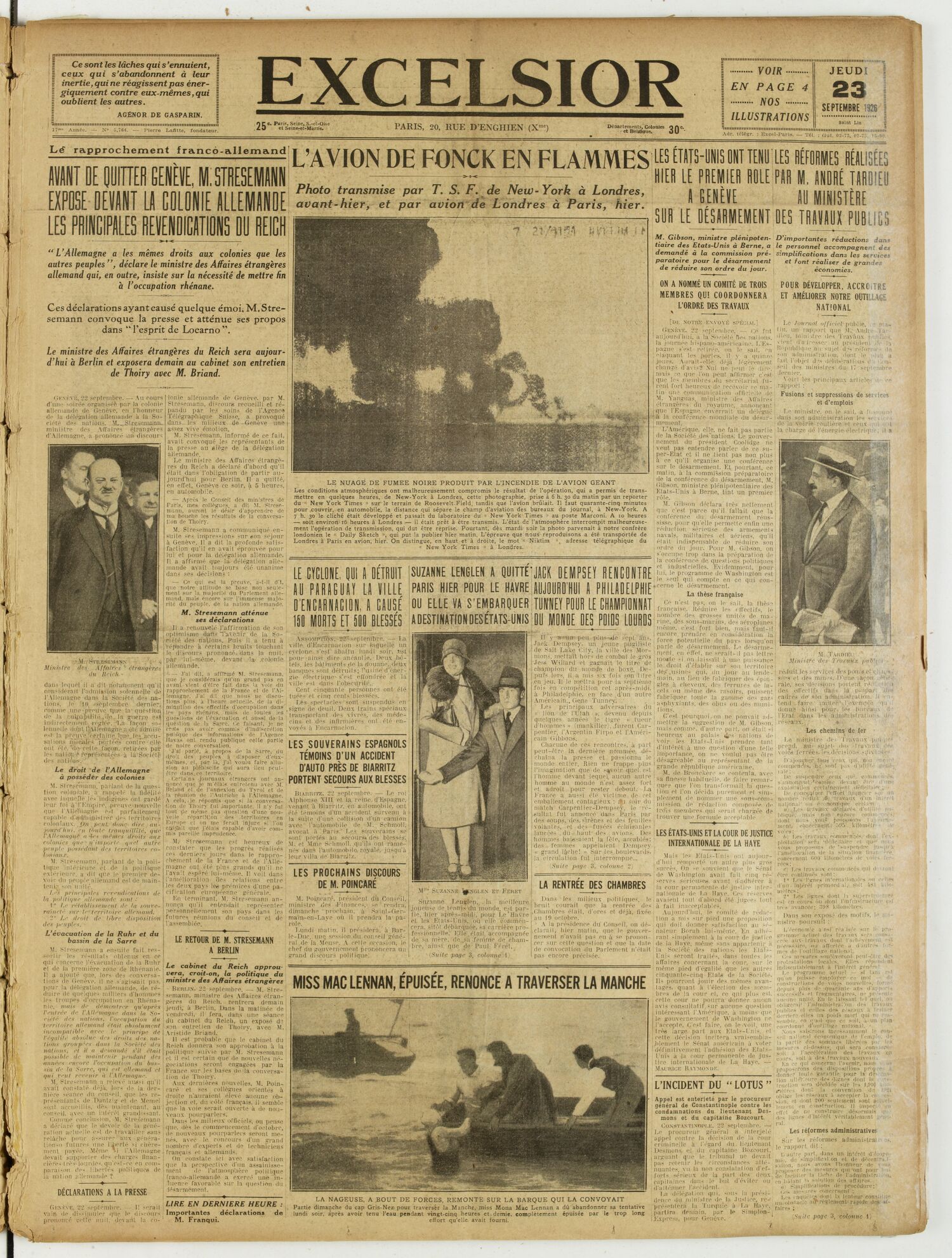 Une du journal Excelsior du 23 septembre 1926 : L'avion de fonck en flammes