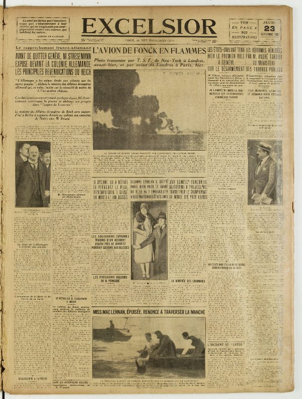 Une du journal Excelsior du 23 septembre 1926 : L'avion de fonck en flammes