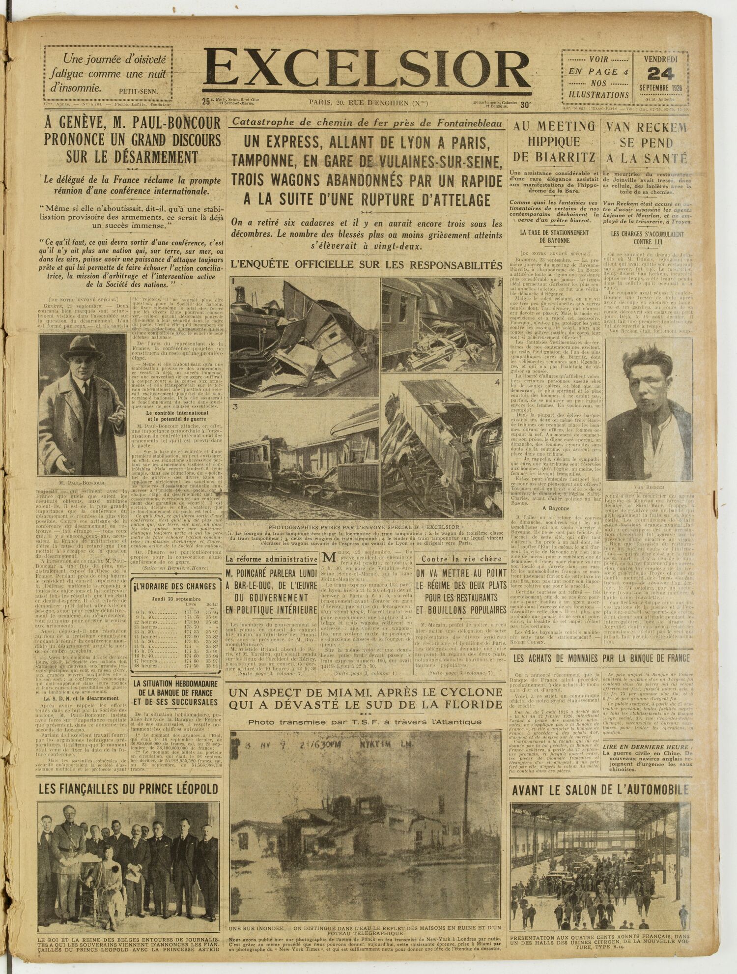 Une du journal Excelsior du 24 septembre 1926 : Un express, allant de lyon a paris, tamponne, en gare de vulaines-sur-seine, trois wagons abandonnés par un rapide a la suite d'une rupture d'attelage