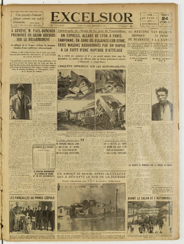 Une du journal Excelsior du 24 septembre 1926 : Un express, allant de lyon a paris, tamponne, en gare de vulaines-sur-seine, trois wagons abandonnés par un rapide a la suite d'une rupture d'attelage