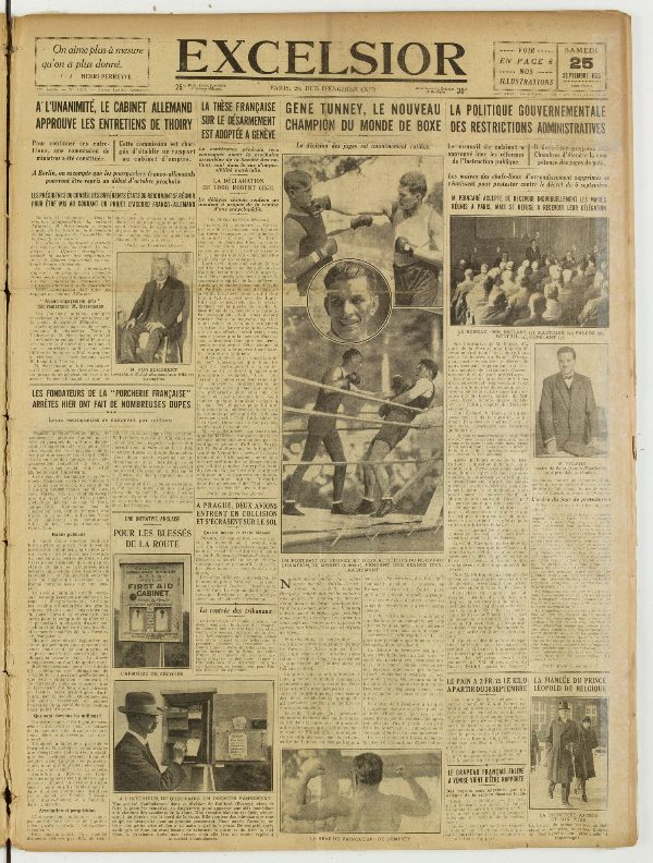Une du journal Excelsior du 25 septembre 1926 : Gene tunney, le nouveau champion du monde de boxe