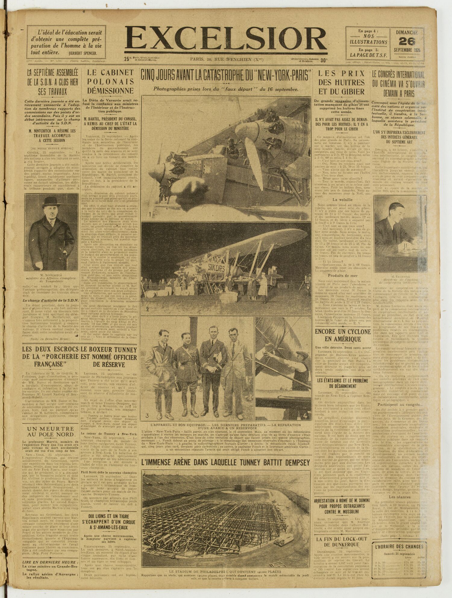 Une du journal Excelsior du 26 septembre 1926 : La septième assemblée de la S.D.N. a clos hier ses travaux