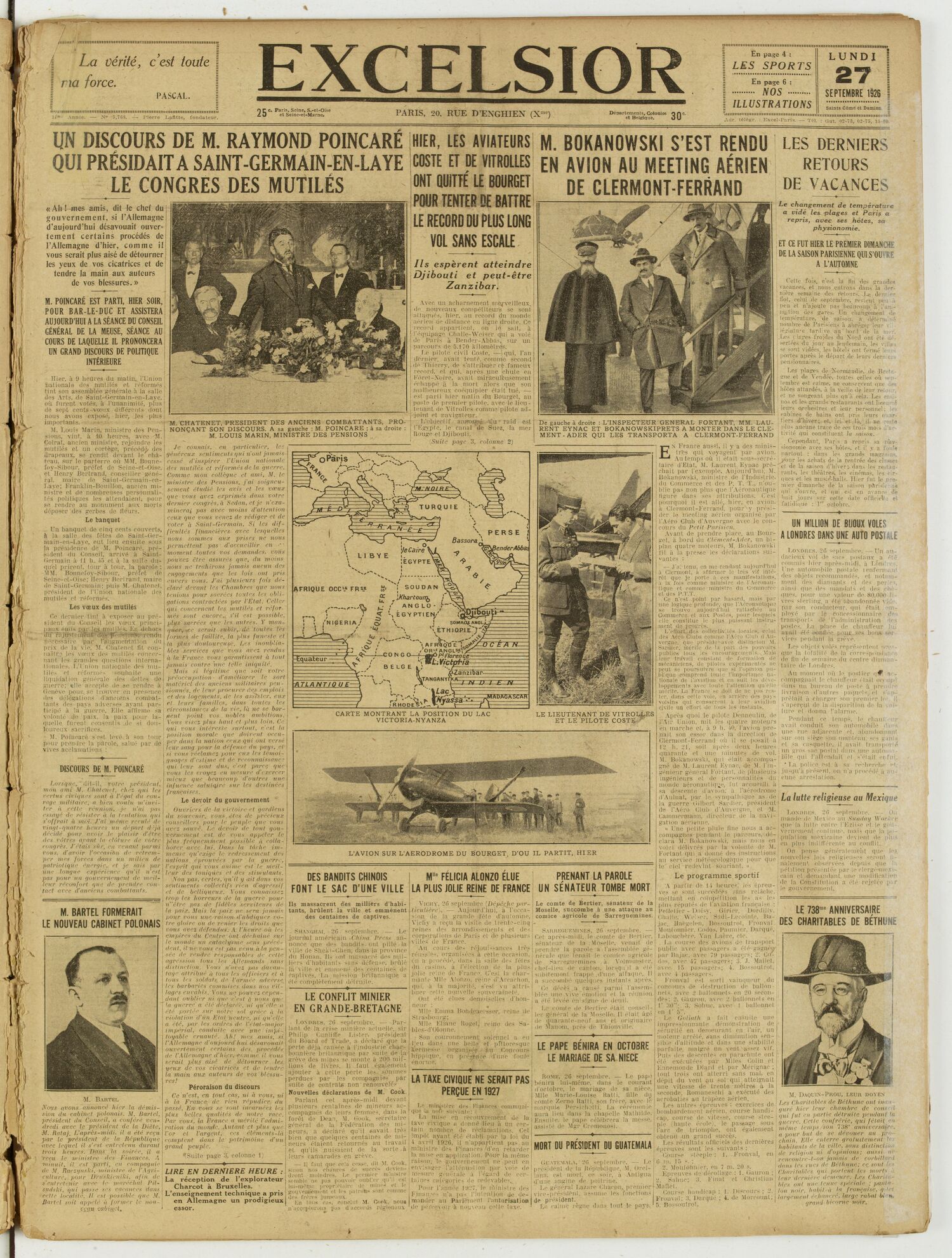 Une du journal Excelsior du 27 septembre 1926 : * La vérité, c'est toute