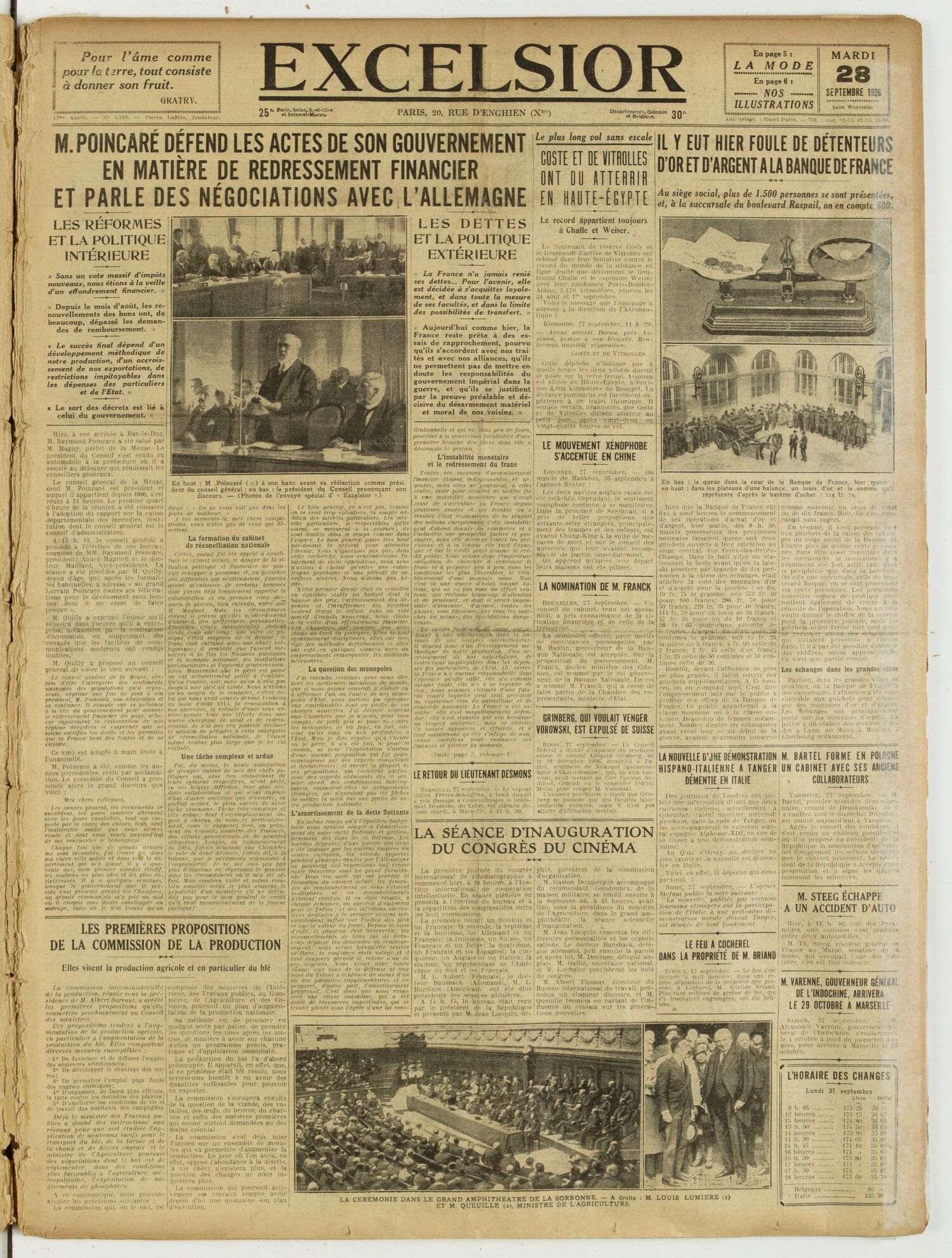 Une du journal Excelsior du 28 septembre 1926 : M. Poincare defend les actes de son gouvernement en matière de redressement financier et parle des négociations avec l'allemagne
