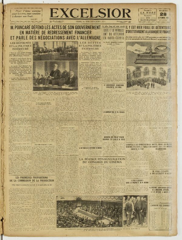 Une du journal Excelsior du 28 septembre 1926 : M. Poincare defend les actes de son gouvernement en matière de redressement financier et parle des négociations avec l'allemagne