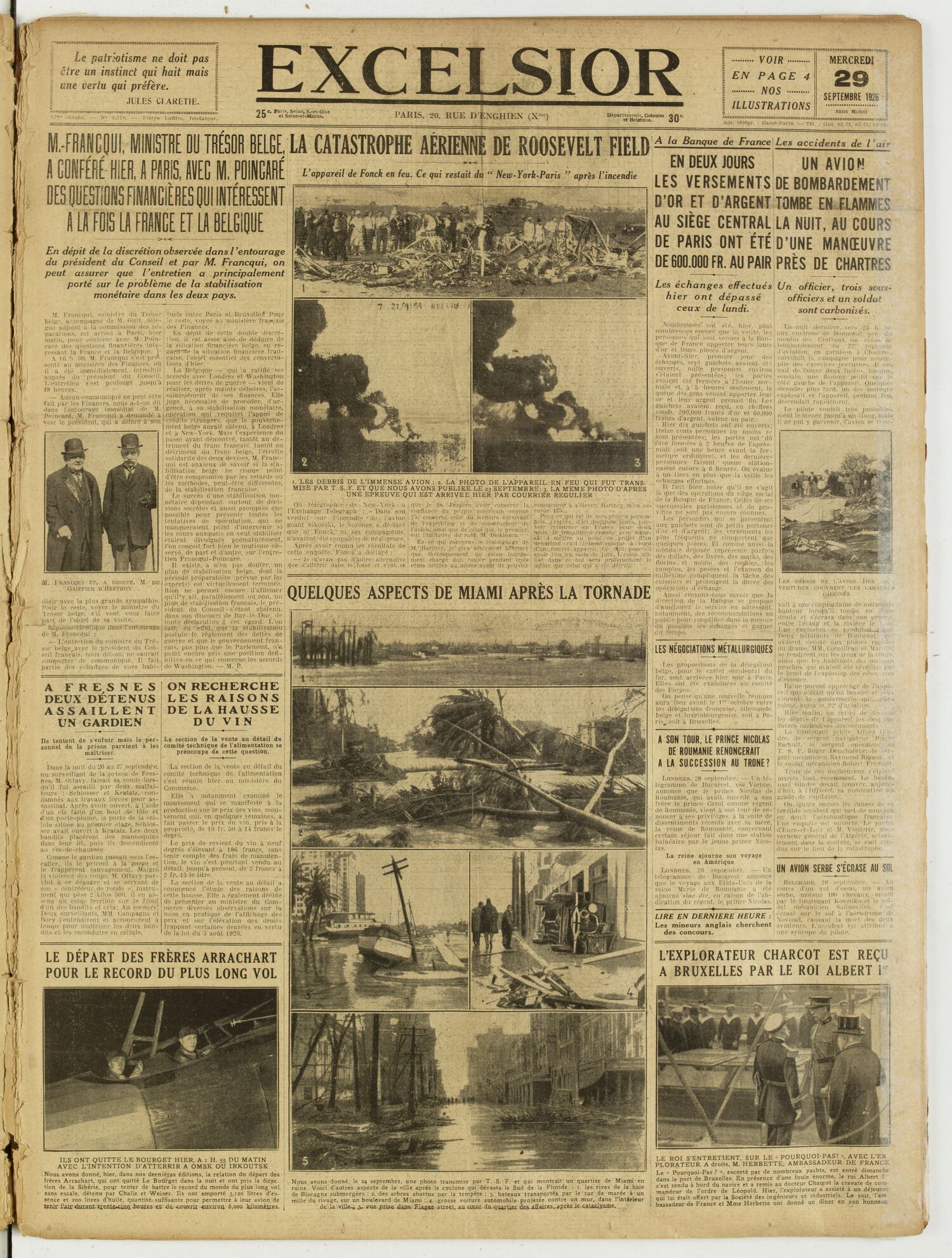 Une du journal Excelsior du 29 septembre 1926 : M.-francqui, ministre du thésor belge, a conféré hier, a paris, avec M. Poincaré des ouestions financières qui intéressent a la fois la france et la belgique