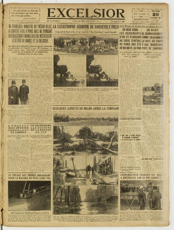 Une du journal Excelsior du 29 septembre 1926 : M.-francqui, ministre du thésor belge, a conféré hier, a paris, avec M. Poincaré des ouestions financières qui intéressent a la fois la france et la belgique