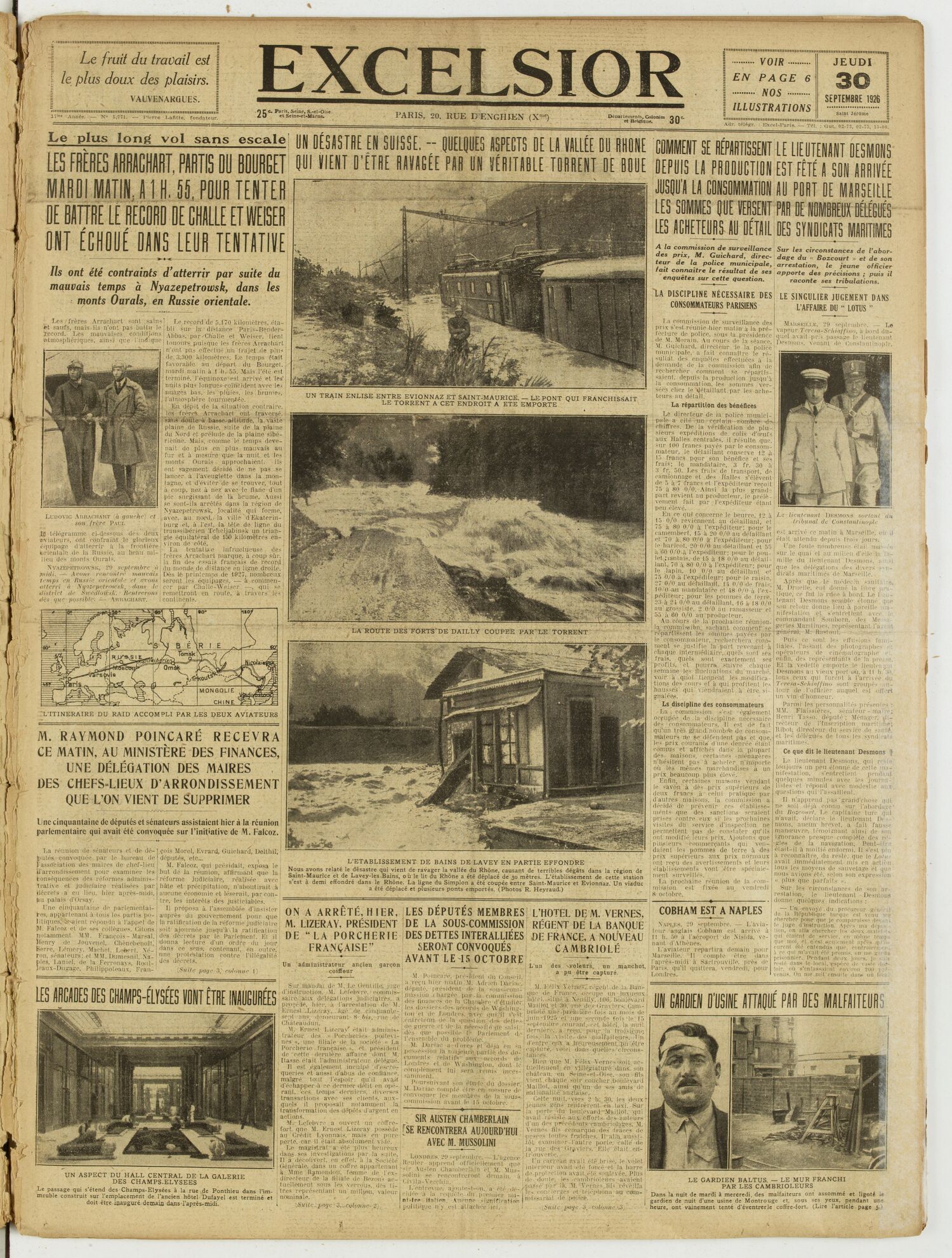 Une du journal Excelsior du 30 septembre 1926 : Les frères arrachart, partis du bourget mardi matin, a 1 H. 55, pour tenter de battre le record de challe et weiser ont échoué dans leur tentative