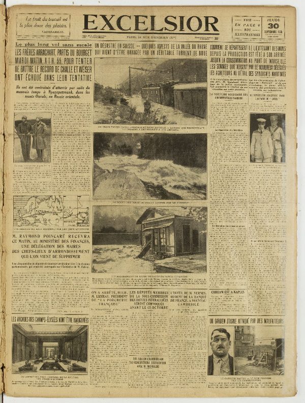 Une du journal Excelsior du 30 septembre 1926 : Les frères arrachart, partis du bourget mardi matin, a 1 H. 55, pour tenter de battre le record de challe et weiser ont échoué dans leur tentative
