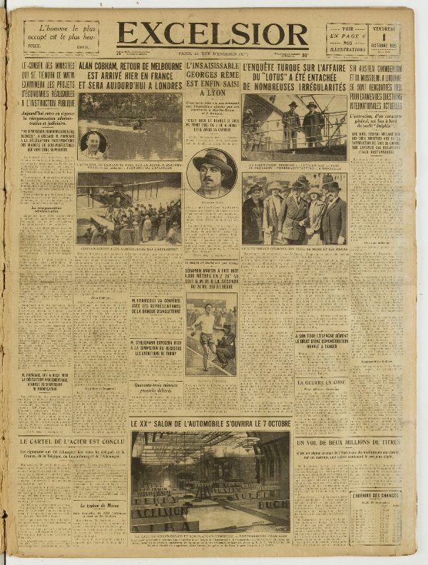 Une du journal Excelsior du 1 octobre 1926 : Alan cobham, retour de melbourne est arrivé hier en france et sera aujourd'hui a londres