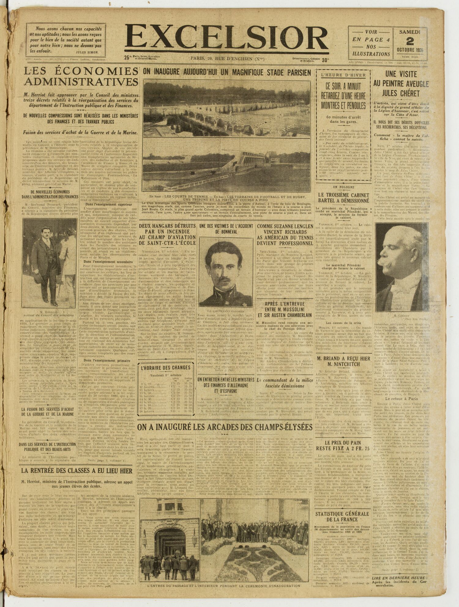 Une du journal Excelsior du 2 octobre 1926 : Les économies administratives