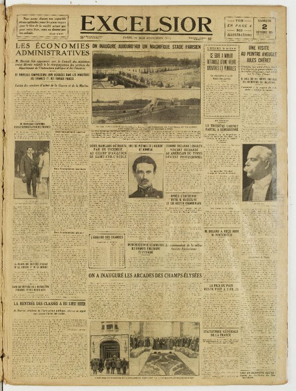 Une du journal Excelsior du 2 octobre 1926 : Les économies administratives