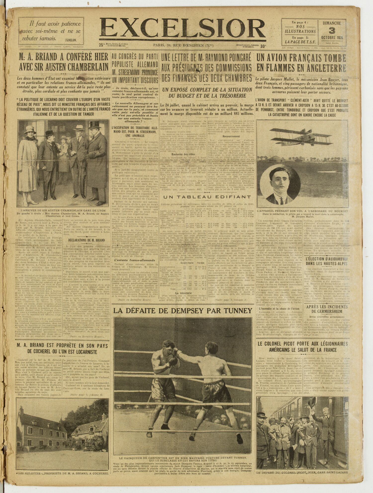 Une du journal Excelsior du 3 octobre 1926 : Aux présidents des commissions