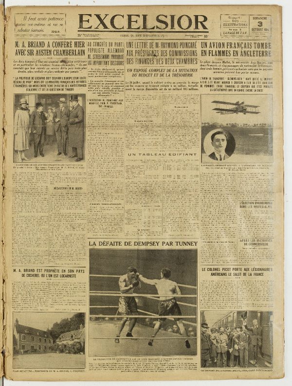 Une du journal Excelsior du 3 octobre 1926 : Aux présidents des commissions