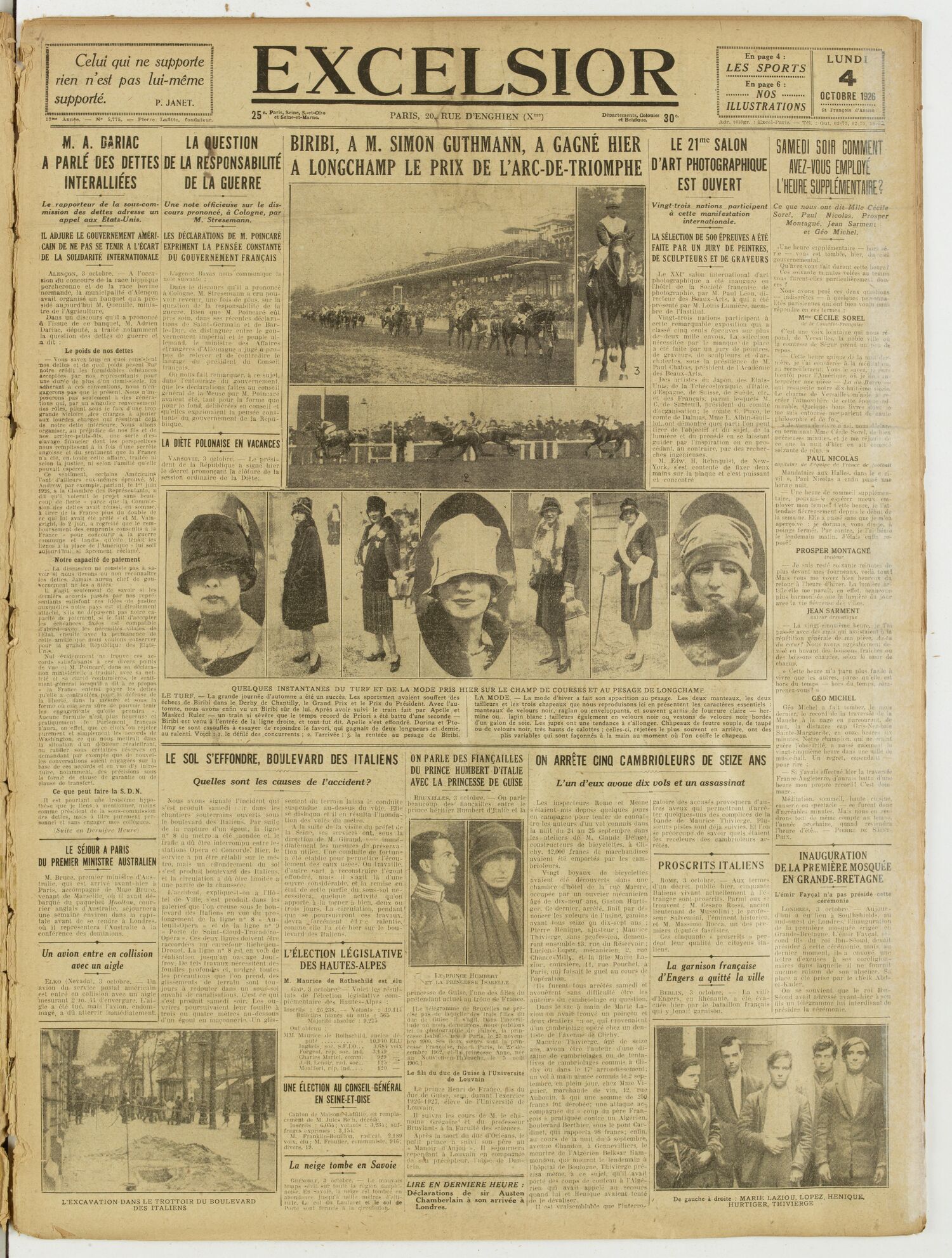 Une du journal Excelsior du 4 octobre 1926 : Biribi, a M. Simon guthmann, a, gagné hier a longchamp le prix de l'arc-de-triomphe