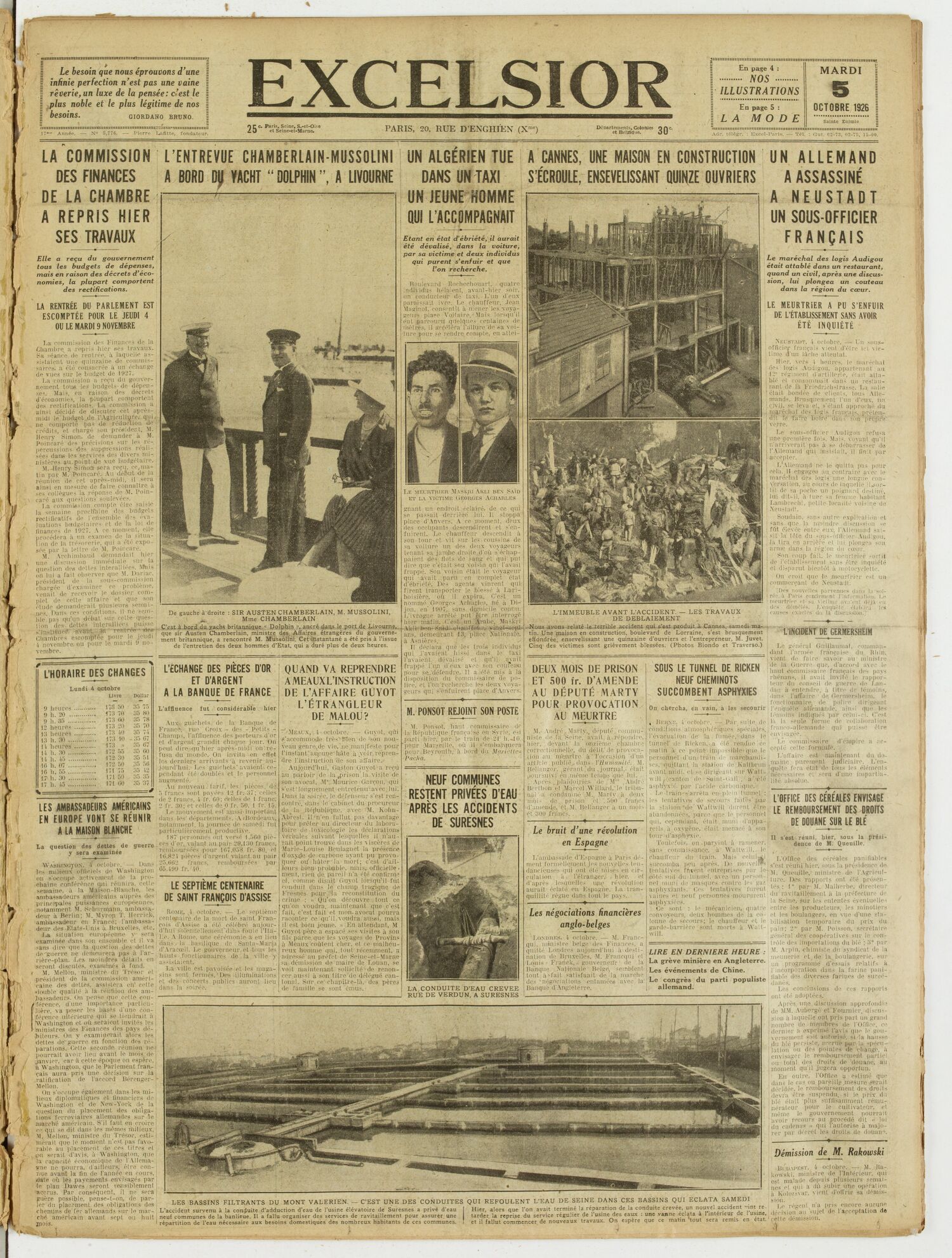 Une du journal Excelsior du 5 octobre 1926 : Un algérien tue dans un taxi un jeune homme qui l'accompagnait