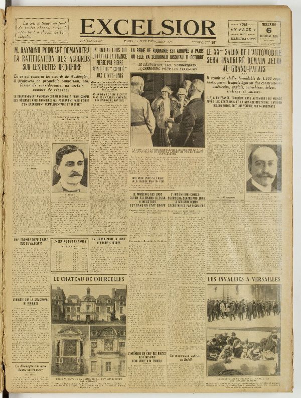 Une du journal Excelsior du 6 octobre 1926 : M. Raymond poincaré demandera la ratification des accords sur les dettes de guerre