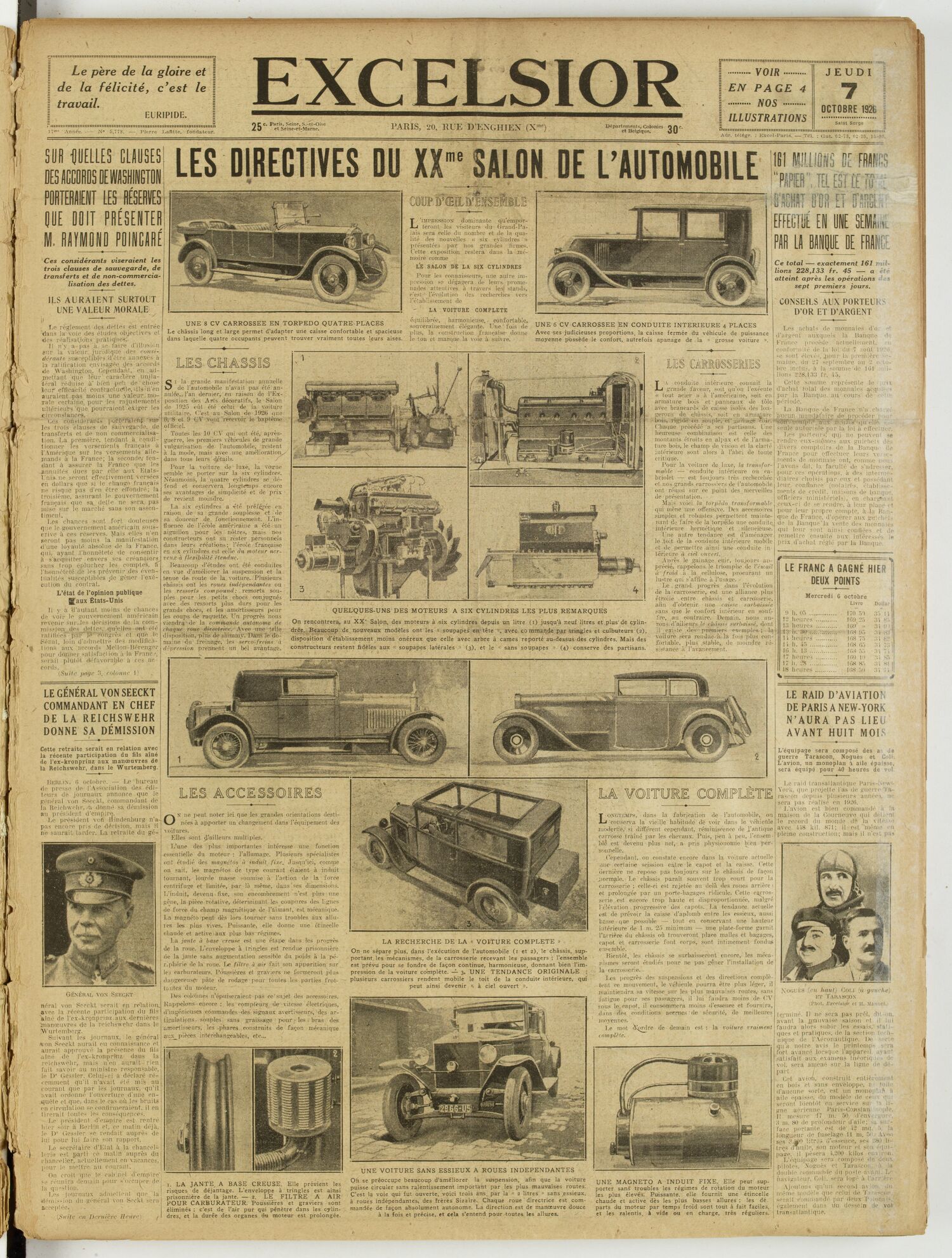 Une du journal Excelsior du 7 octobre 1926 : Les directives du XXme salon de l'automobile