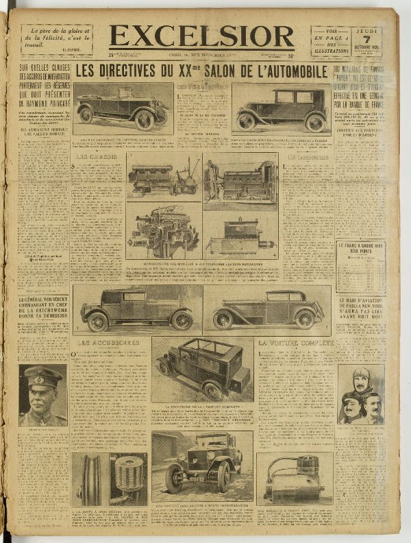Une du journal Excelsior du 7 octobre 1926 : Les directives du XXme salon de l'automobile