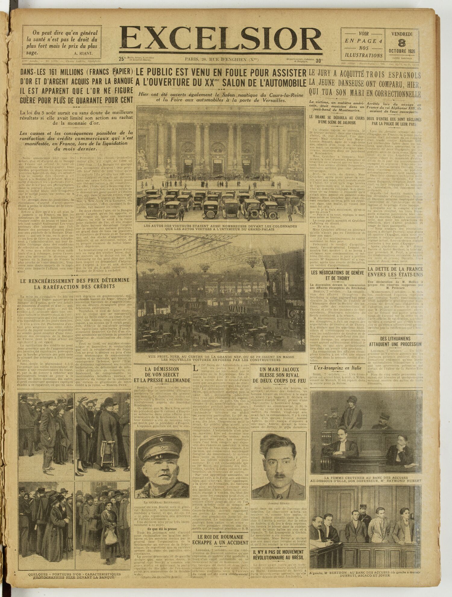 Une du journal Excelsior du 8 octobre 1926 : Le public est venu en foule pour assister a l'ouverture du xx" salon de l'automobile