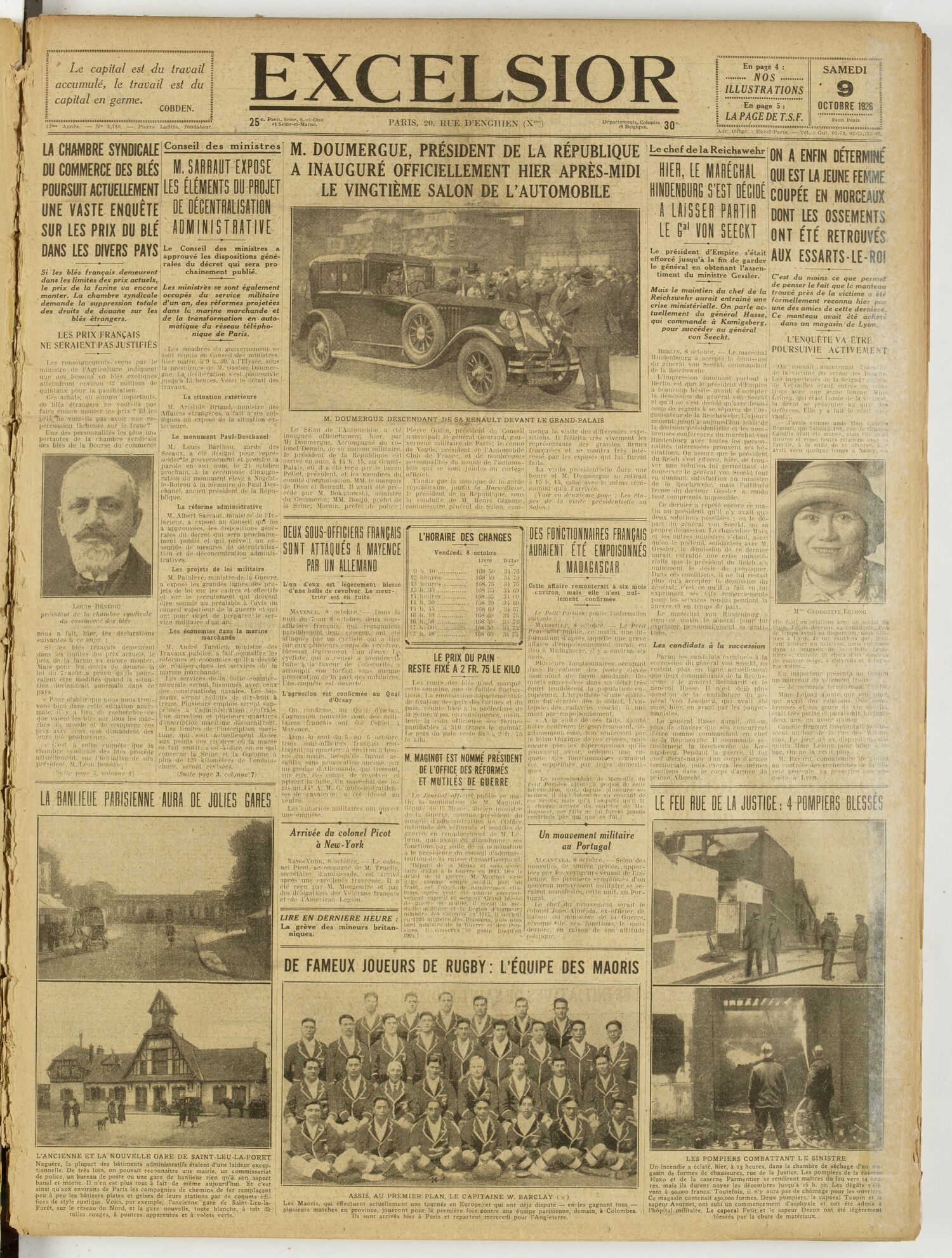 Une du journal Excelsior du 9 octobre 1926 : M. Sarraut expose les éléments du projet administrative