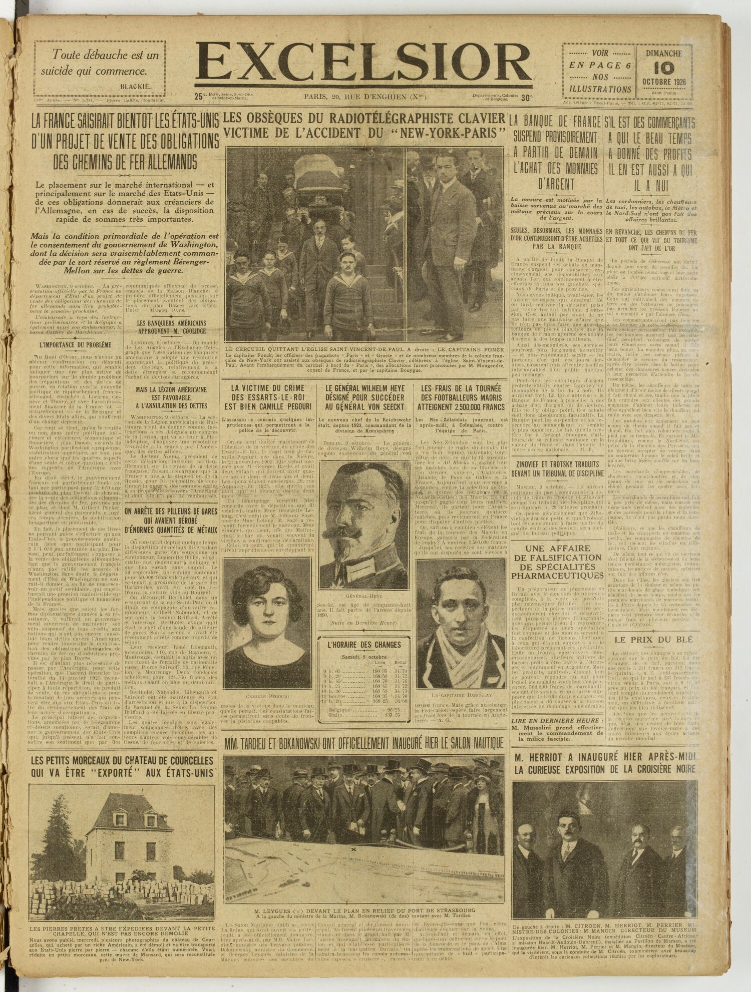 Une du journal Excelsior du 10 octobre 1926 : Li france saisirait bientot les etats-unis obsèques p^ ^o!|?^egraphiste clavier y bmoue de frince sil est des coupts d'un projet de vente des obligations ^™1l de. l acc dent DtJ “ ne w-york-paris ski proïisdirement i qui le ieii ter 1e des profüs
