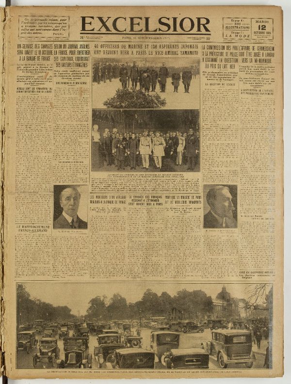 Une du journal Excelsior du 12 octobre 1926 : Un-service des changes selon iih journal anglais. : 40 officiers de marine et 130 aspirants japonais sera ouvert le li ocïïibre ; la france. pour rapatrier ont rejoint hier a paris le vice-amiral vamamoto a la banque re f rance ses CAPITAUX,vLIQUIRERJIT La loi du 5 août dernier, on le sait, permet à la Banque de France de procéder à des achats de devises étrangère^ L’aménagement mater du service qu’il a fallu cre.r pour effectuer ces opérations est au jourd’hui terminé.