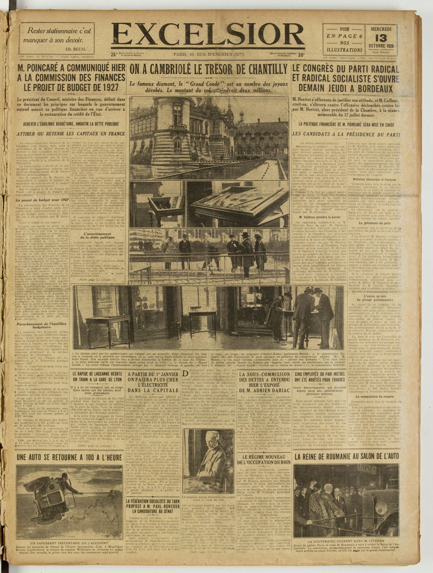 Une du journal Excelsior du 13 octobre 1926 : On a cambriole le trésor de chantilly