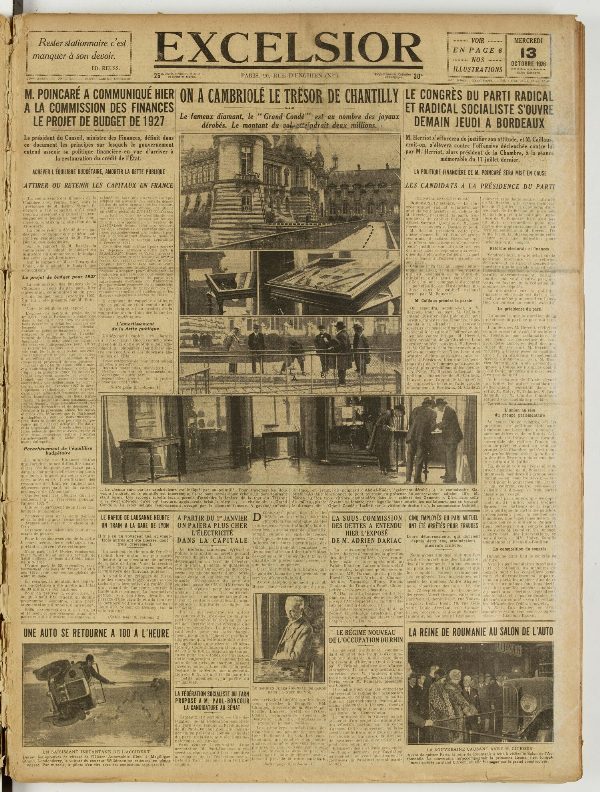 Une du journal Excelsior du 13 octobre 1926 : On a cambriole le trésor de chantilly