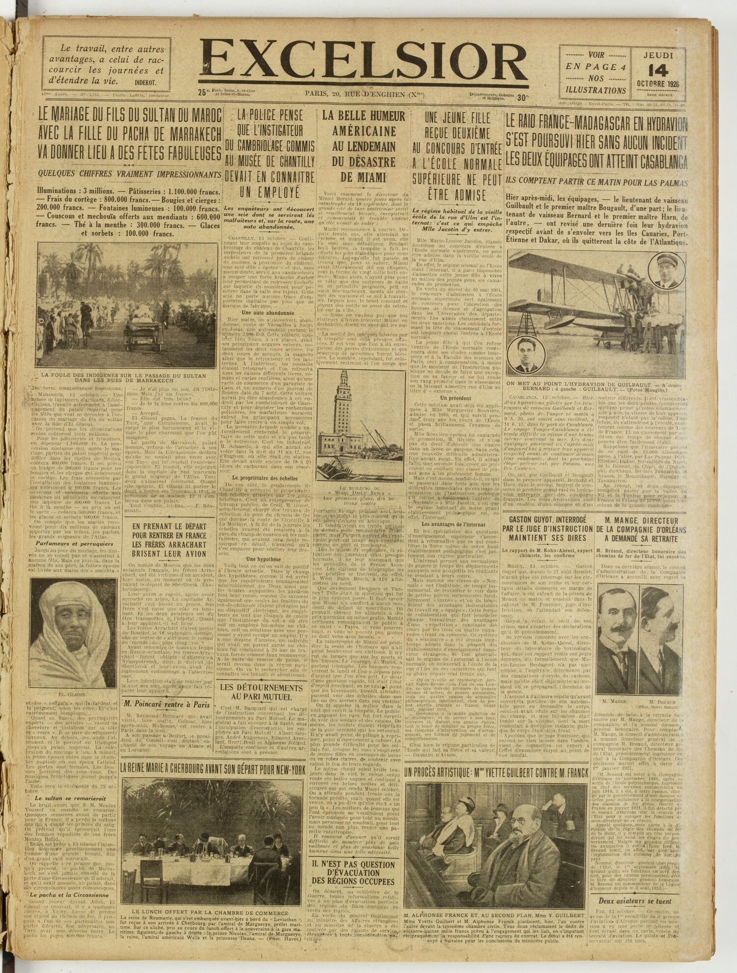 Une du journal Excelsior du 14 octobre 1926 : Le mariage du fils du sultan du maroc avec la fille du pacha de marrakech va donner lieu a des fêtes fabuleuses