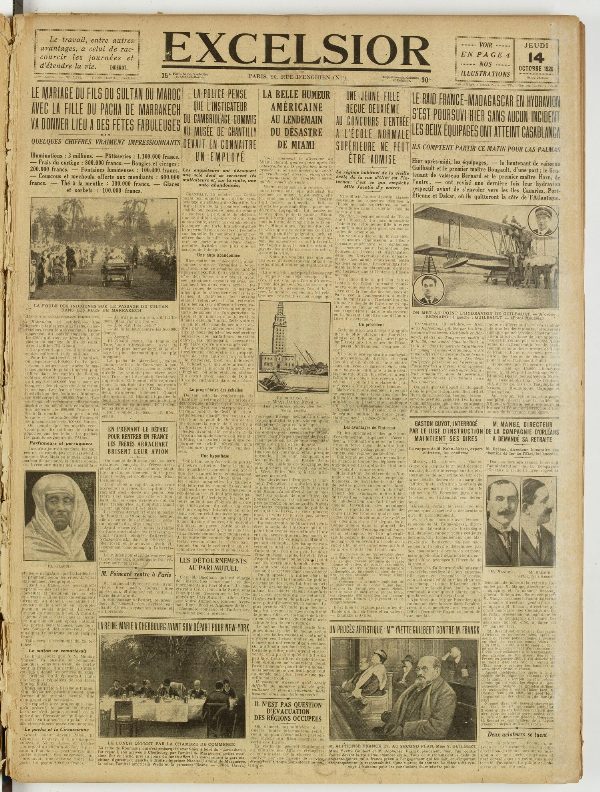 Une du journal Excelsior du 14 octobre 1926 : Le mariage du fils du sultan du maroc avec la fille du pacha de marrakech va donner lieu a des fêtes fabuleuses
